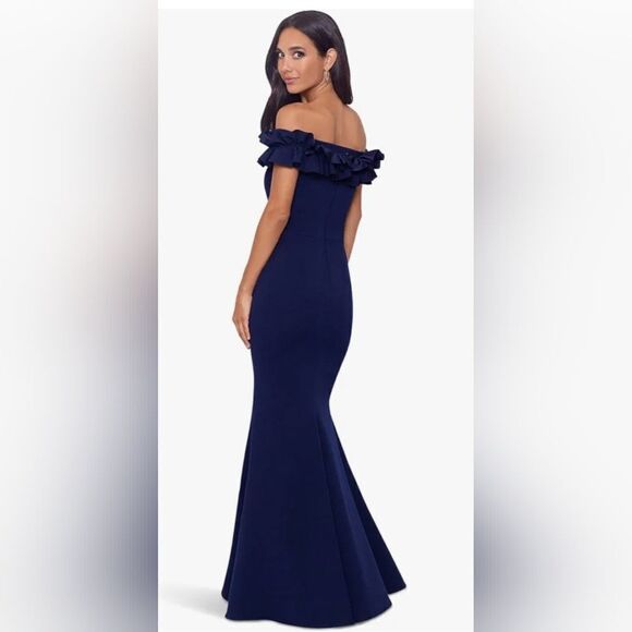 Xscape 4767 Naya Ruffled Off-the-Shoulder Scuba Gown NWT size 12 Navy Blue - Picture 2 of 6